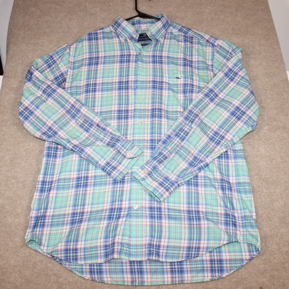 Vineyard Vines Performance Classic Fit Tucker Shirt Mens Large Blue Green Plaid
